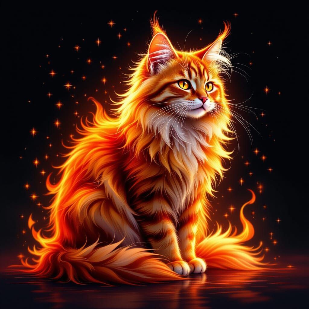 Fiery Cat Glowing with Sparkly Flames
