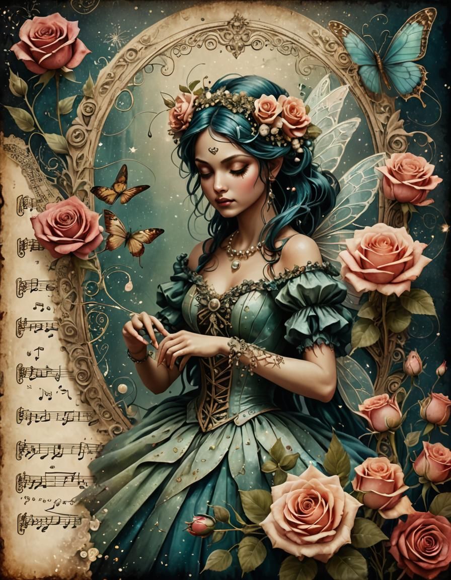 Vintage Grunge Fairy with Roses and Pearls