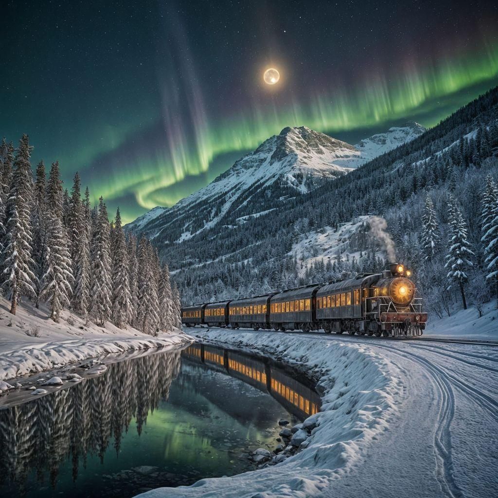 Antique Train Under Aurora Borealis