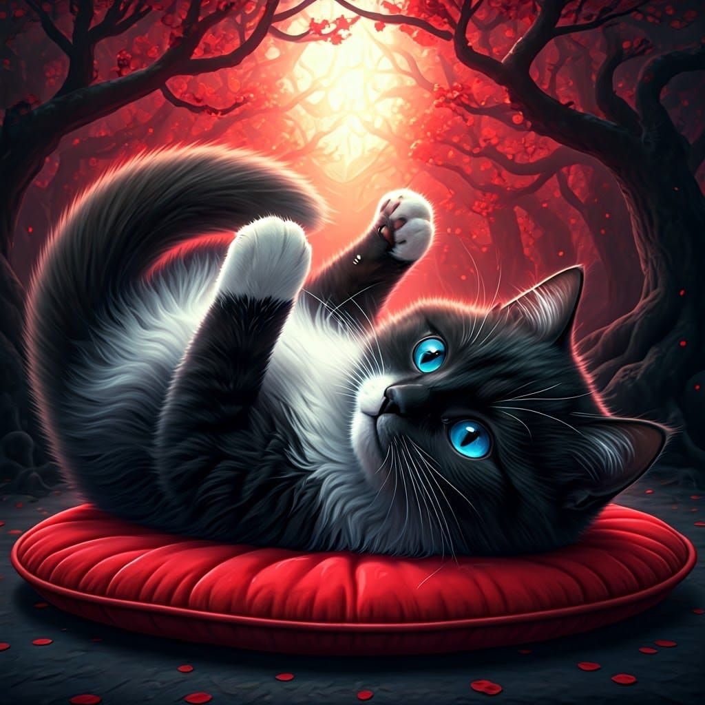 Adorable Black Cat on Heart Cushion: Fantasy Art