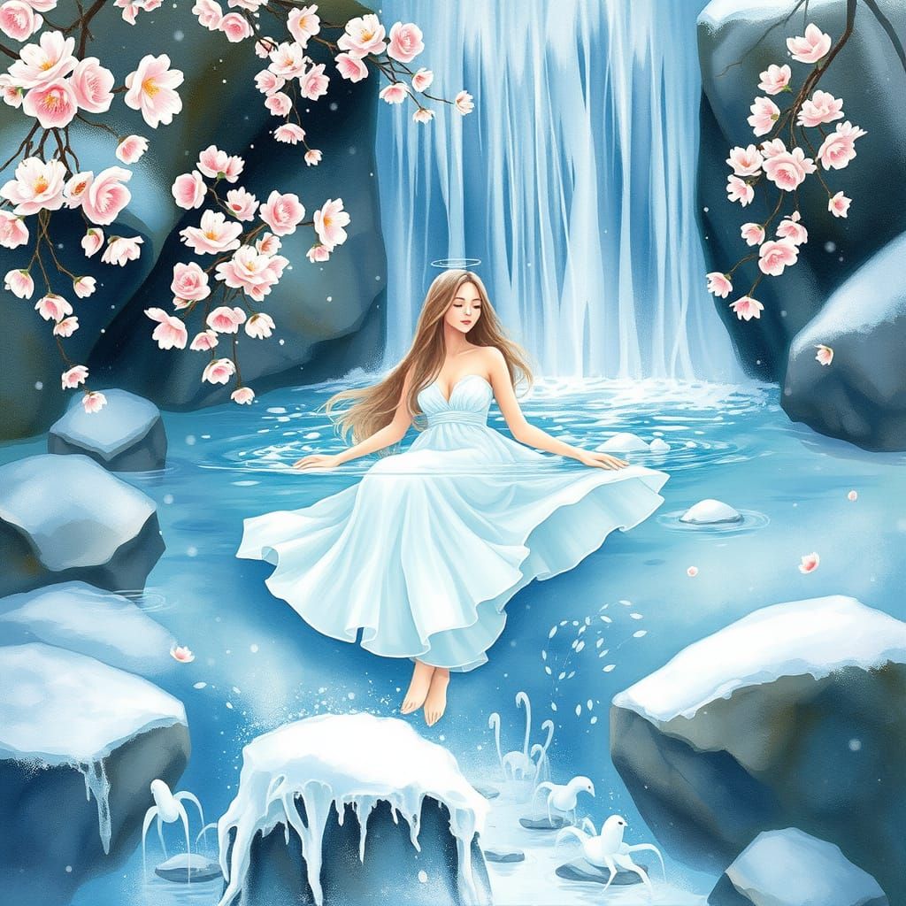 Serene Woman Bathing in Crystal Waterfall of Blooming Flower...