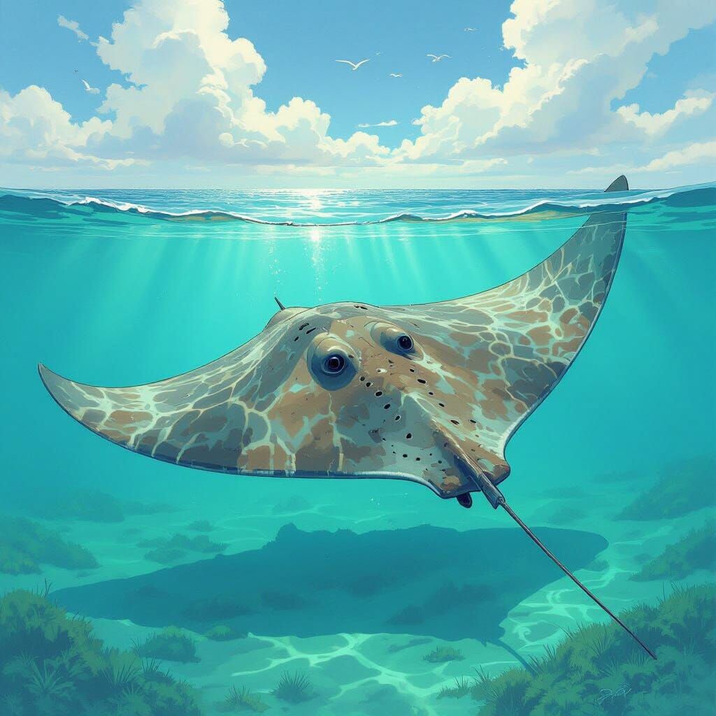 Giant Stingray Glides Through Turquoise Ocean, Digital Art