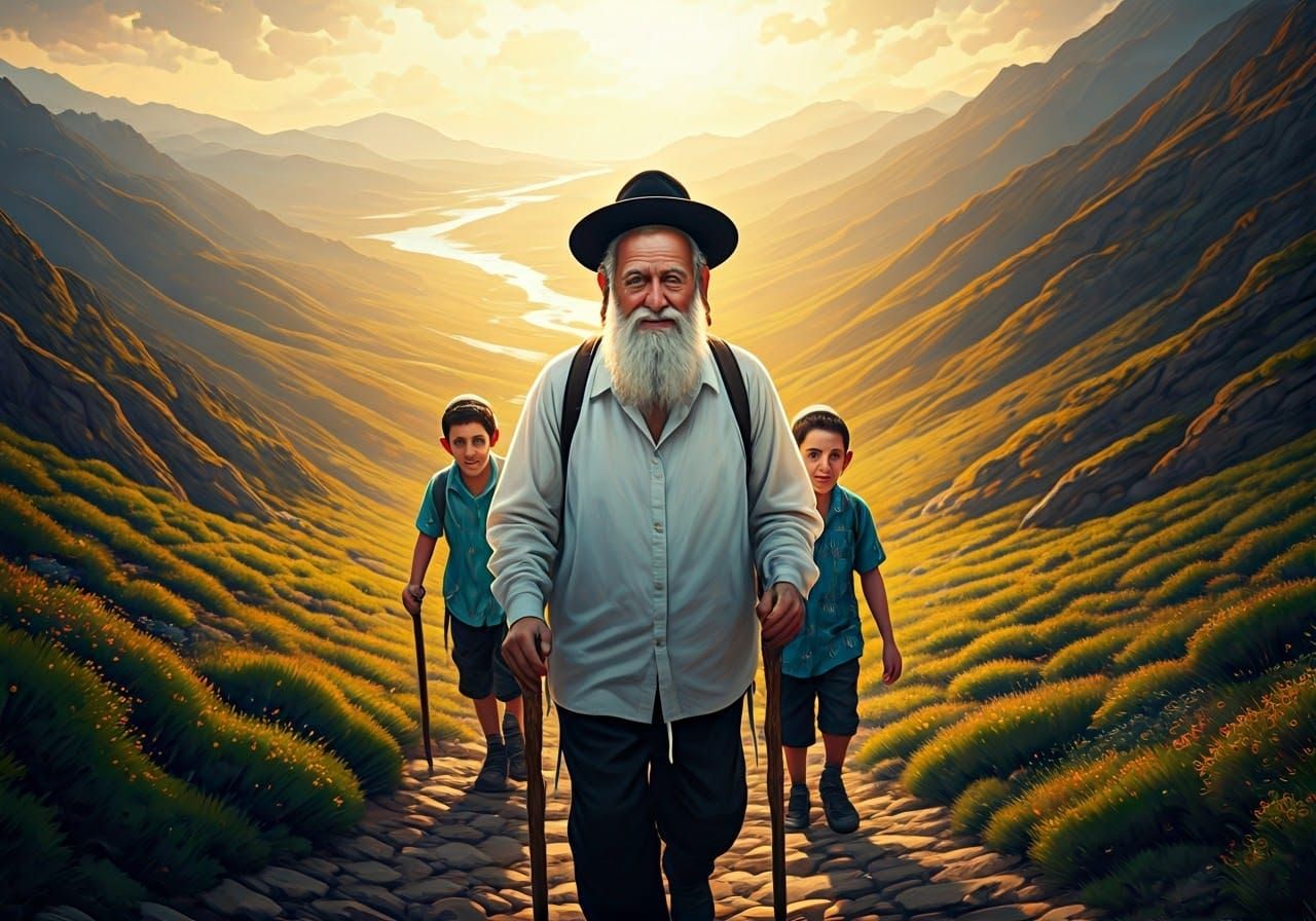 Joyful Jewish Grandfather Climbing Mountain Path