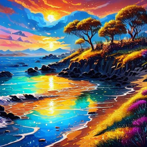 Vibrant Cubist Spring Landscape with Golden Hour Lighting