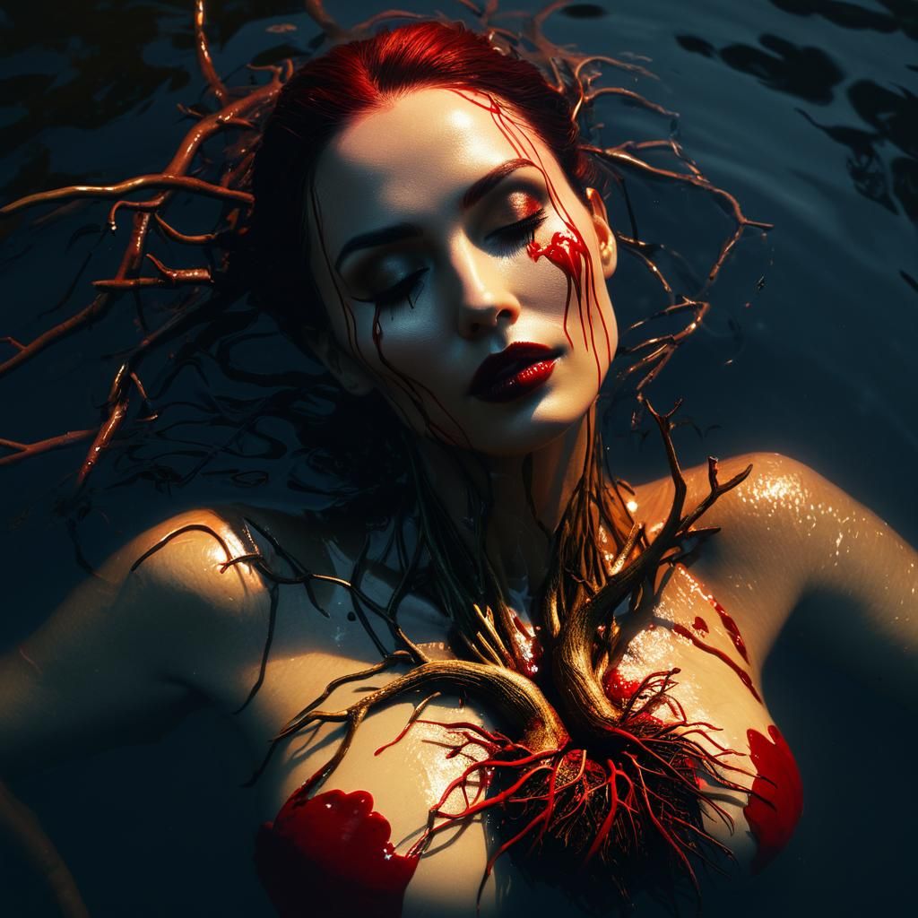 Eerie Dark Fantasy: Woman with Heart in Water