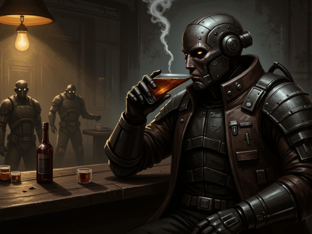 Mercenary Robot in Bar, Sepia Ink-Punk Style