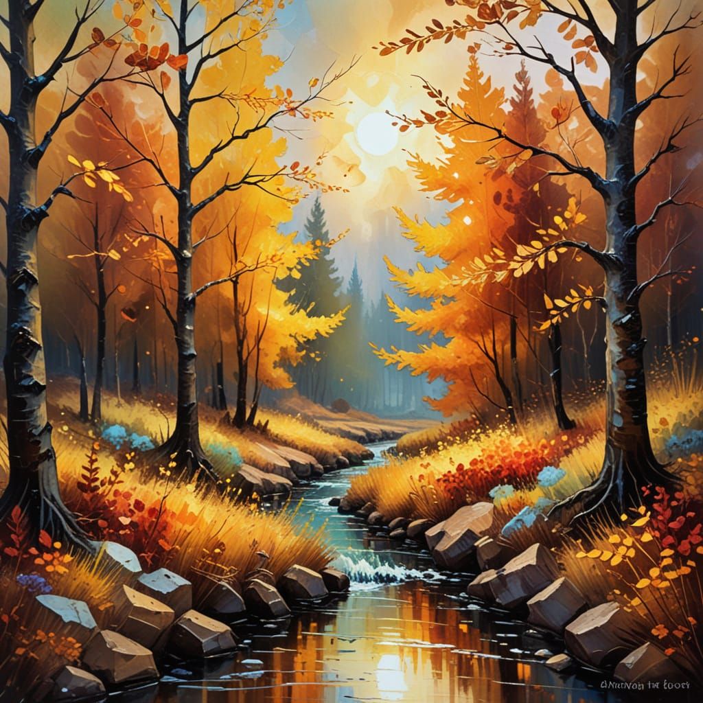 Autumn Landscape through Branches in Impressionist Style