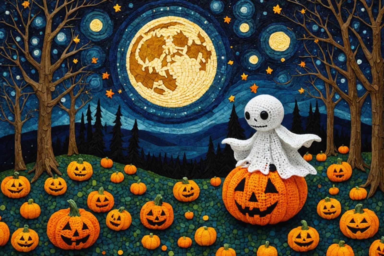 Halloween Night in Klimt-Inspired Crochet Cubism