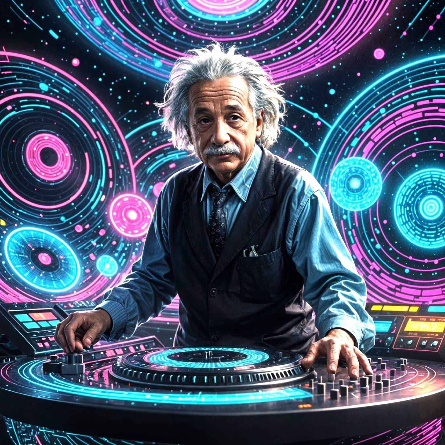 Albert Einstein as Disco DJ in Futuristic Studio 54