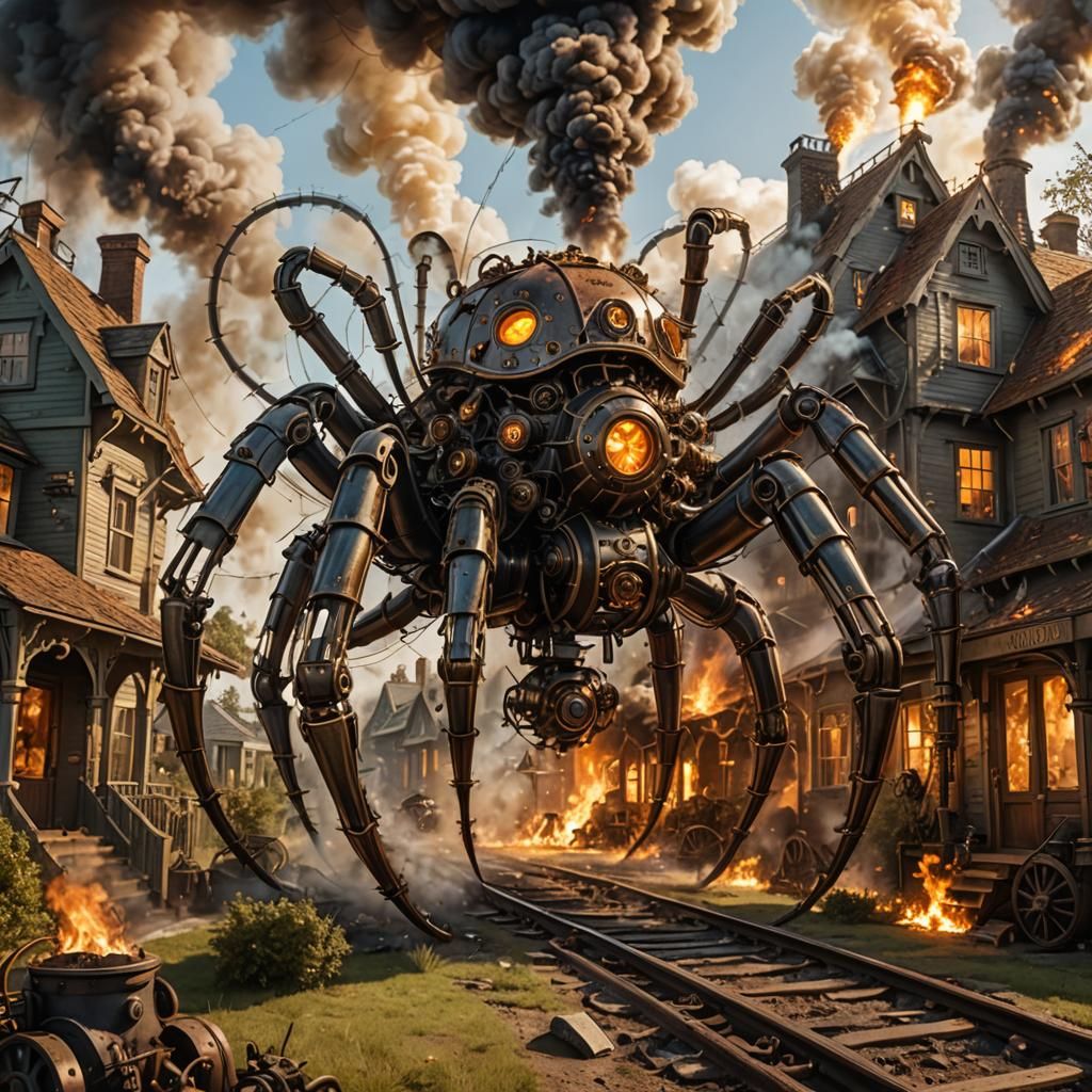 Steampunk Spider Rampage: Sci-Fi Destruction in the Countrys...