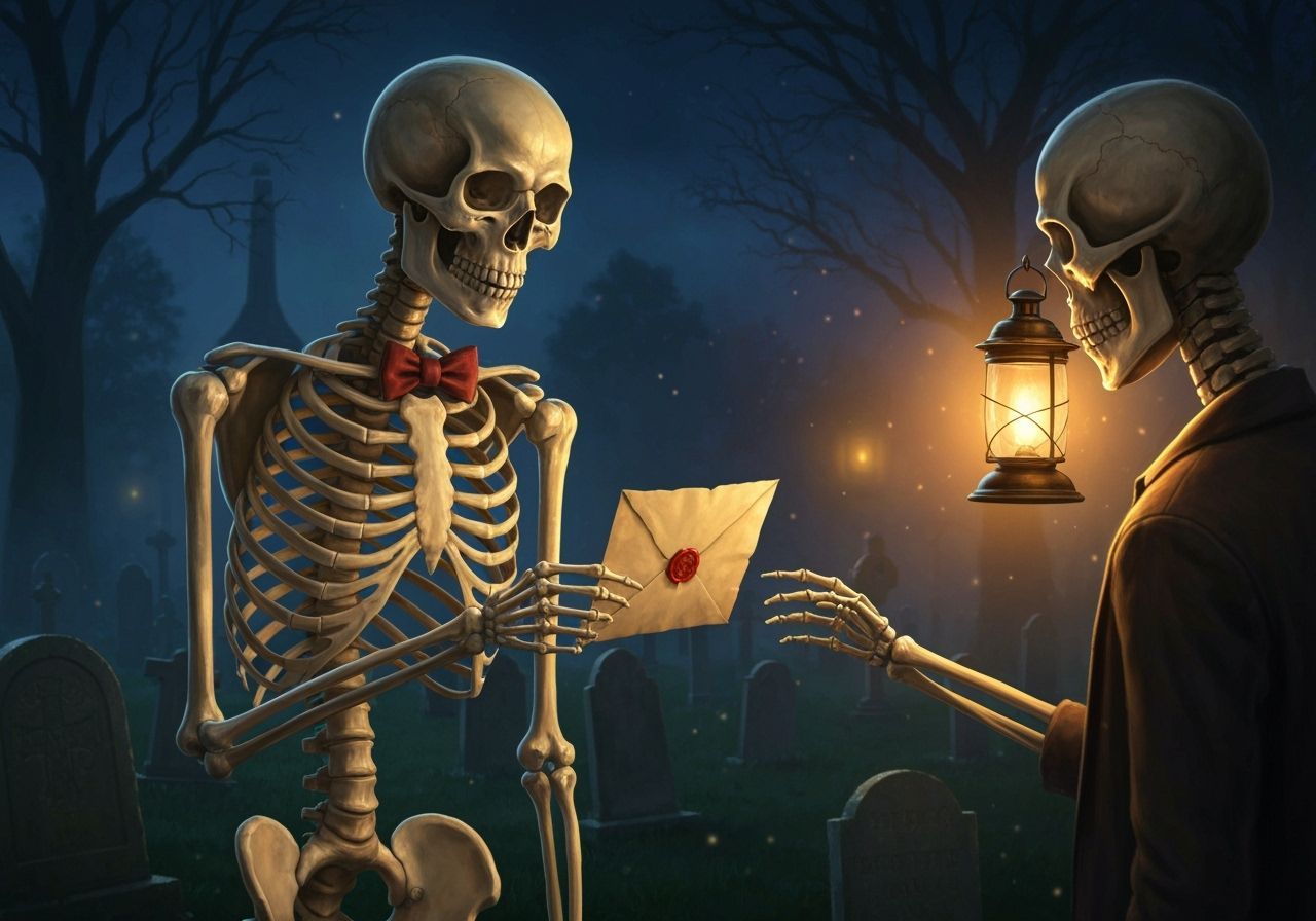 Skeleton's Midnight Love Letter in Ancient Graveyard Oil Pai...