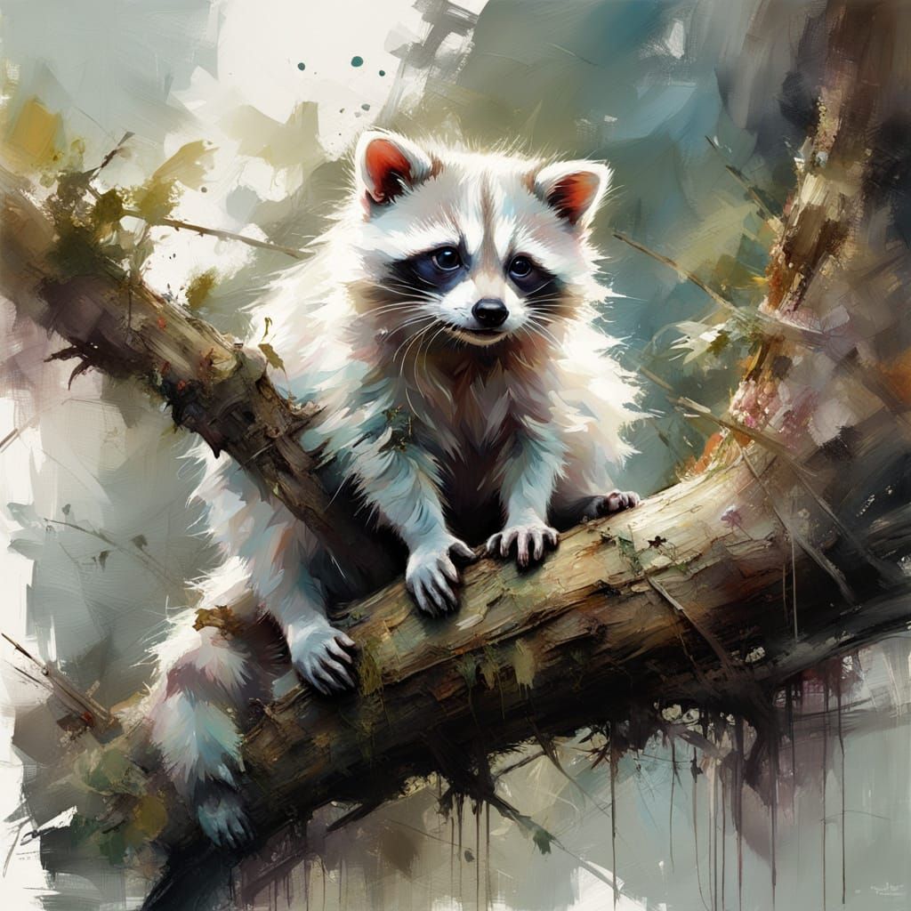 Delicate White Raccoon on a Rustic Tree Branch
