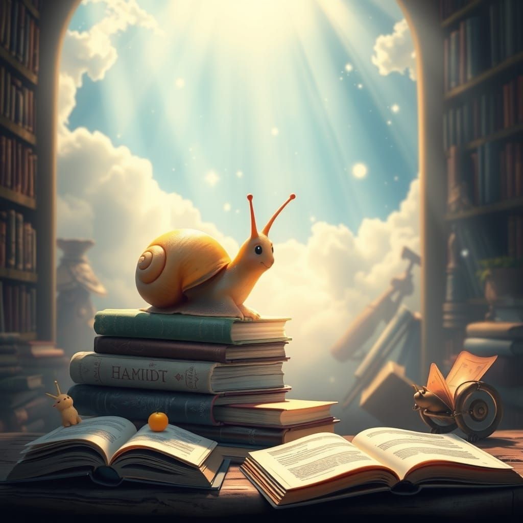 Snail in a Magical Library with Sunshine Beams