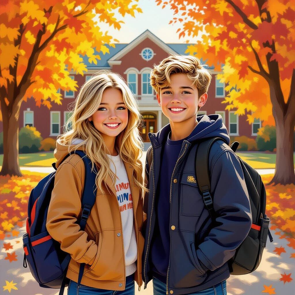 Children at School Entrance in Impressionistic Oil Painting