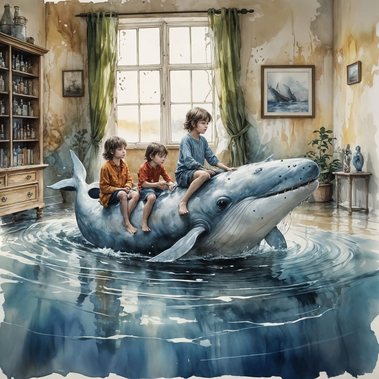 Dreamlike Scene of Children Riding a Whale through a Flooded...