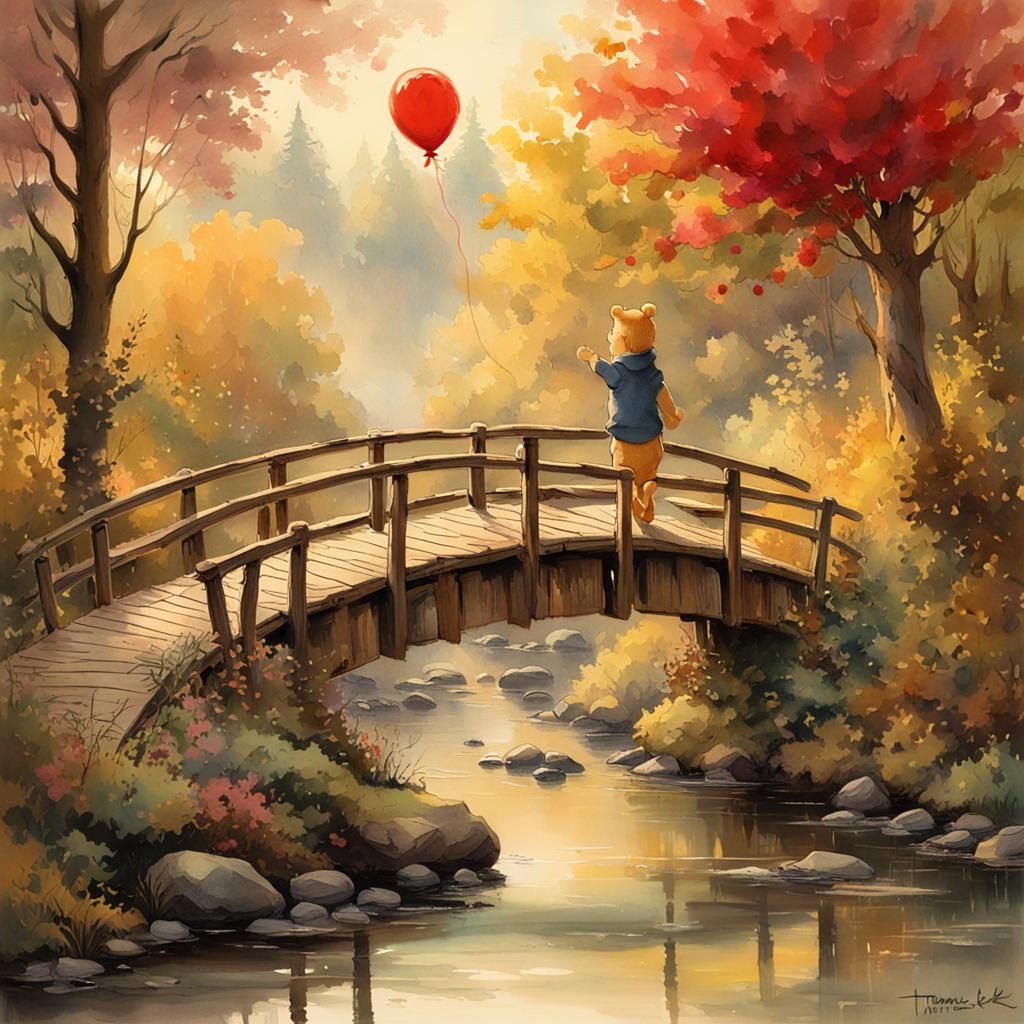 Pooh on Bridge with Balloon in Rockwell Style