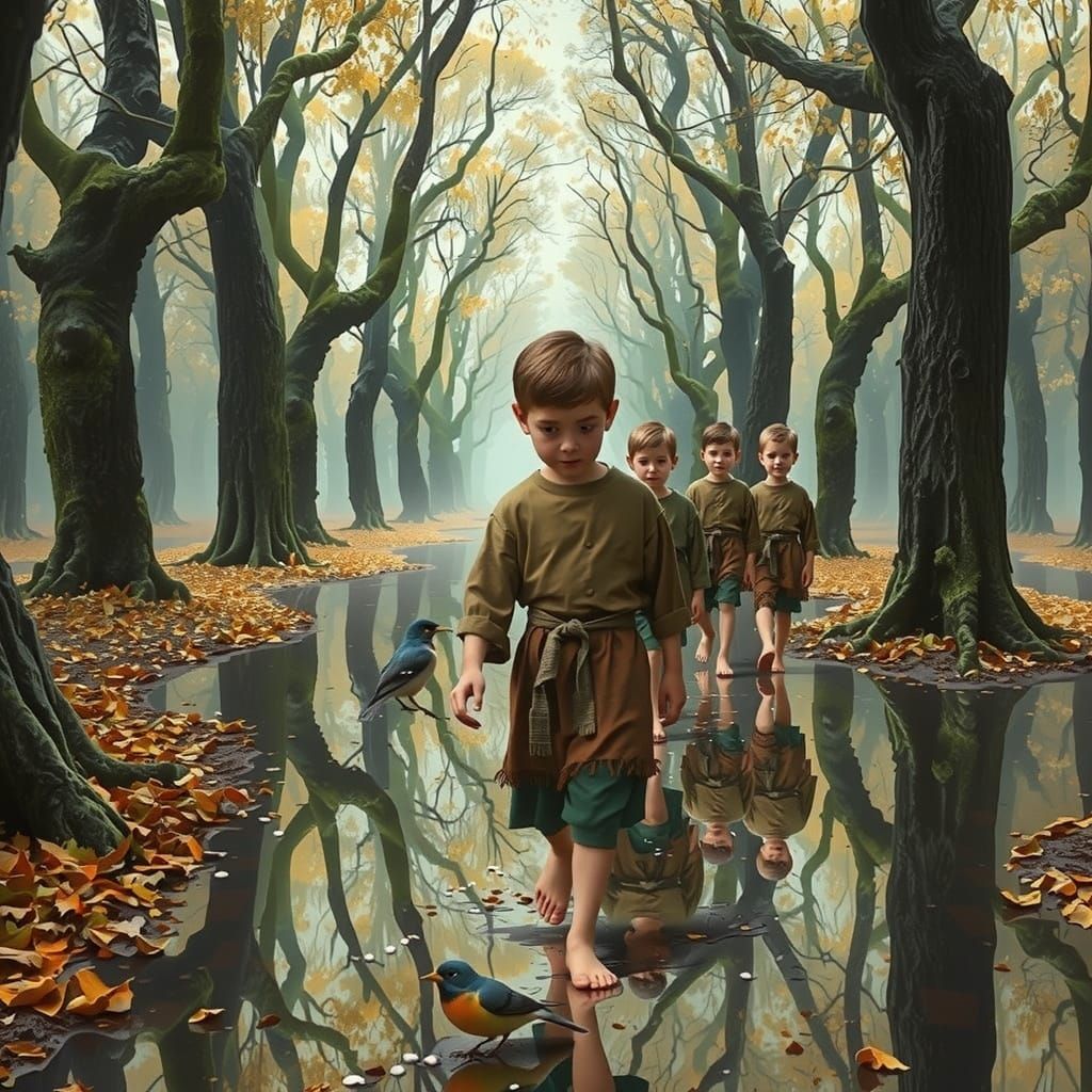 Medieval Boy Discovers Hidden Treasure in a Mirrored Forest