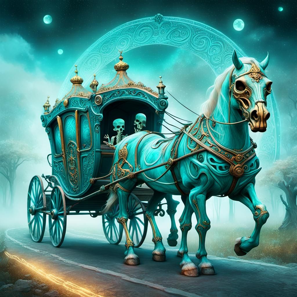 Surreal Whimsy: Magical Carriage and Skeleton Horses in a Vi...