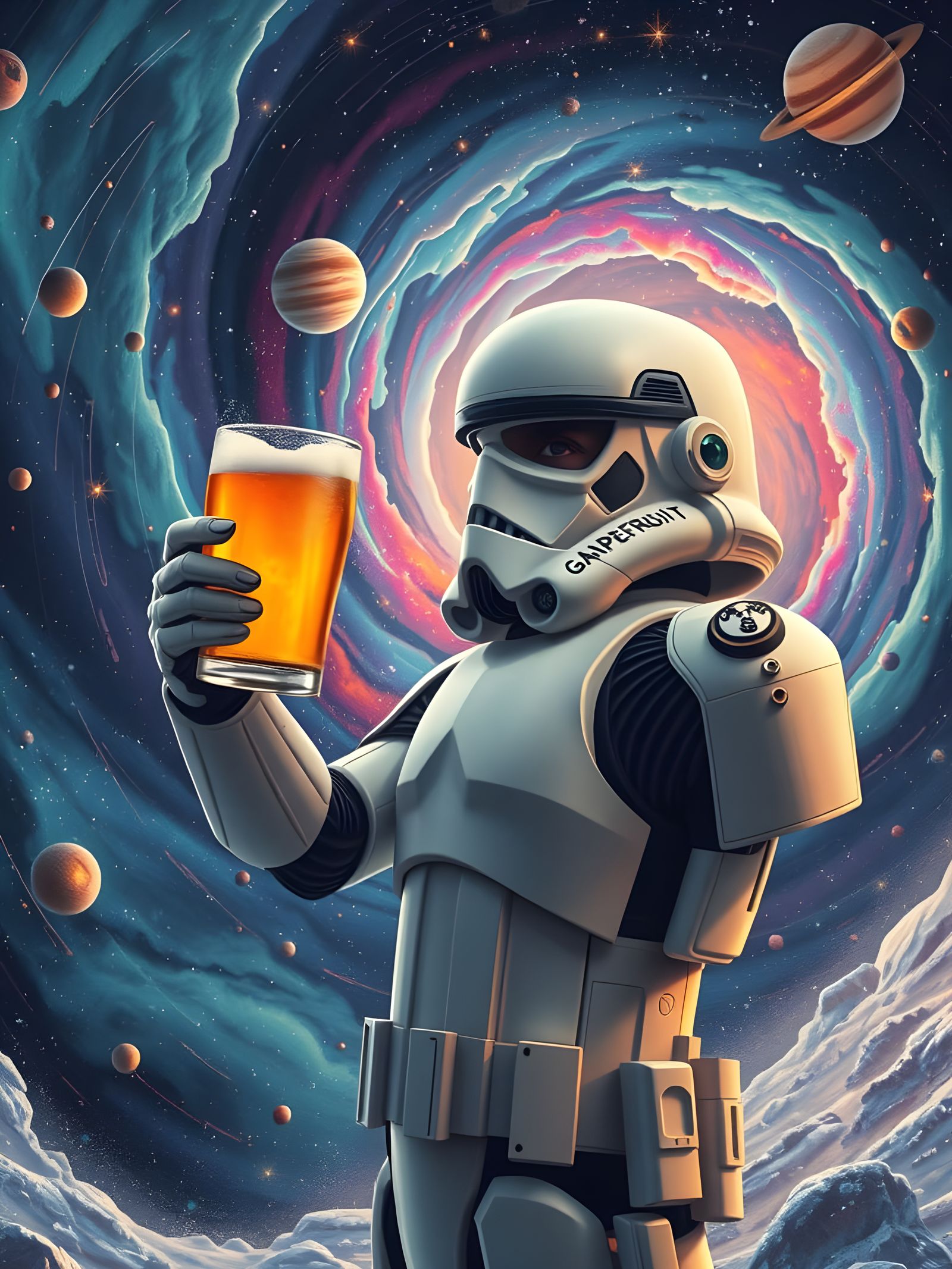 Surreal Futuristic Stormtrooper Savors Christmas IPA in Cosm...
