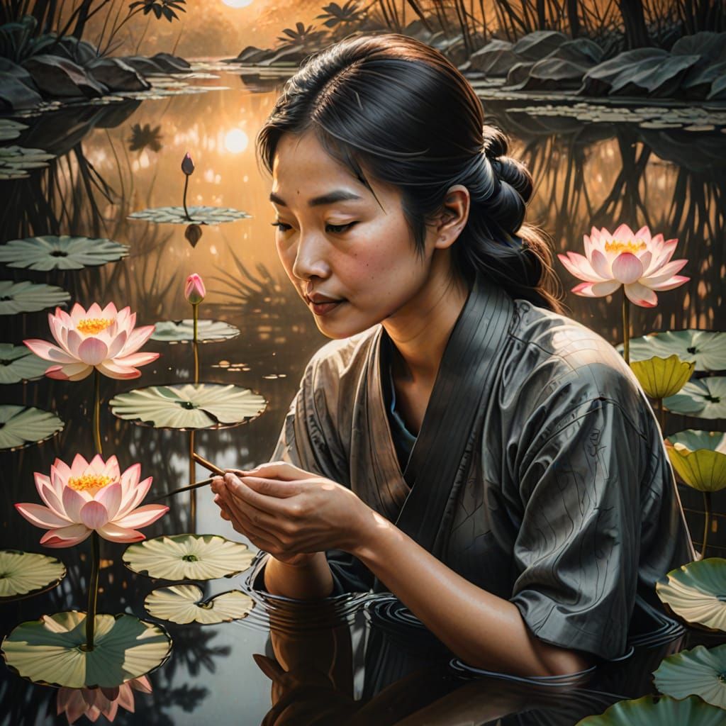 Asian Lady Contemplates Her Reflection in a Serene Pond Scen...
