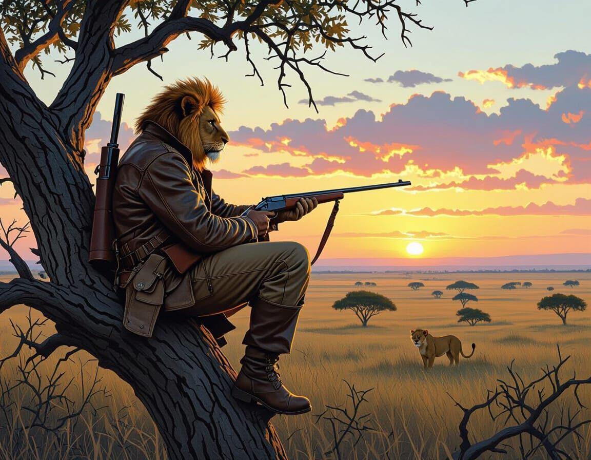 1920s Lion Hunter on African Plains
