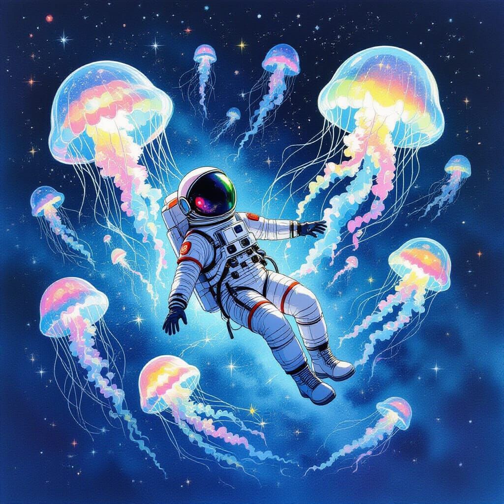 Astronaut and Bioluminescent Jellyfish in Alien Ocean