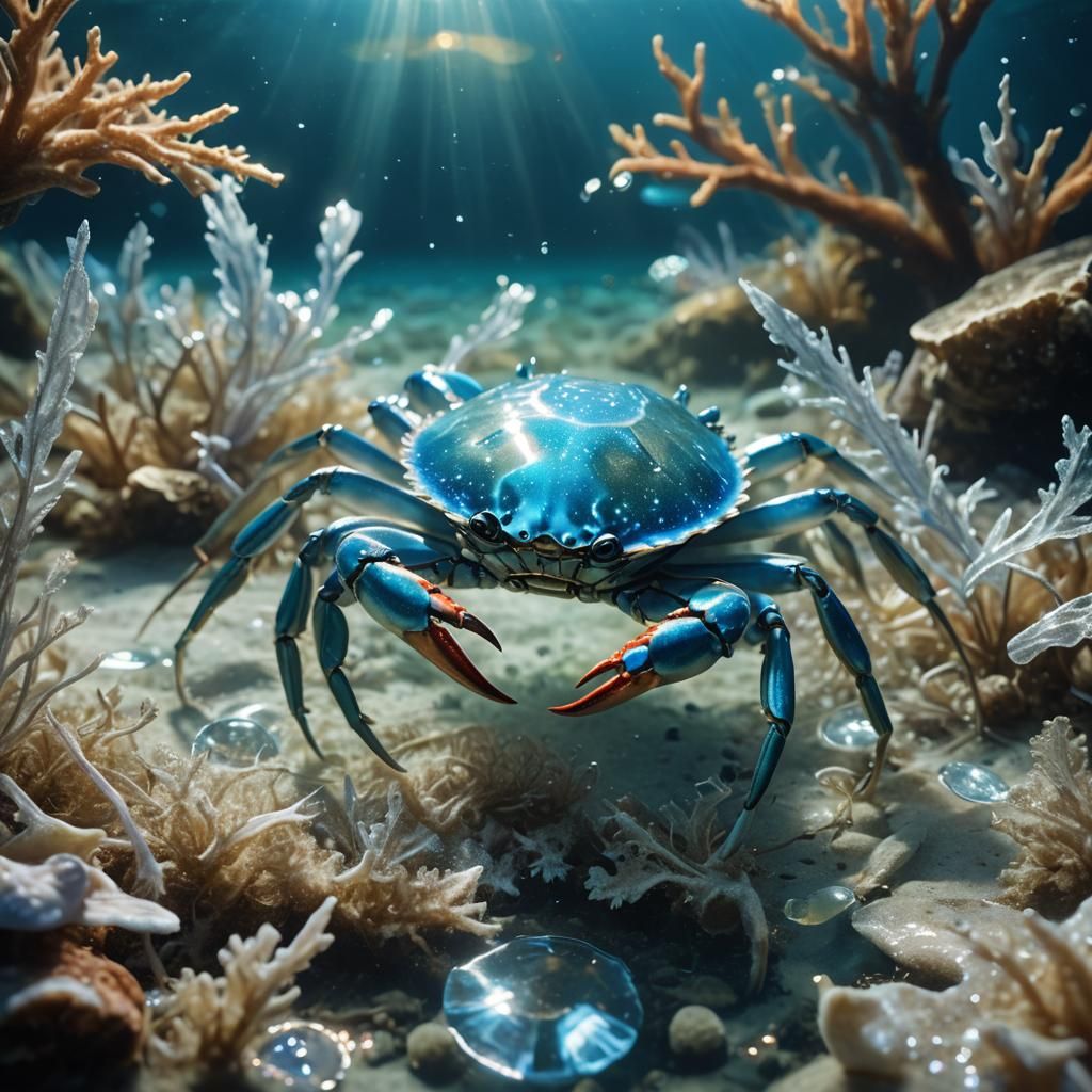 Dreamlike Underwater Scene with Neon Crab