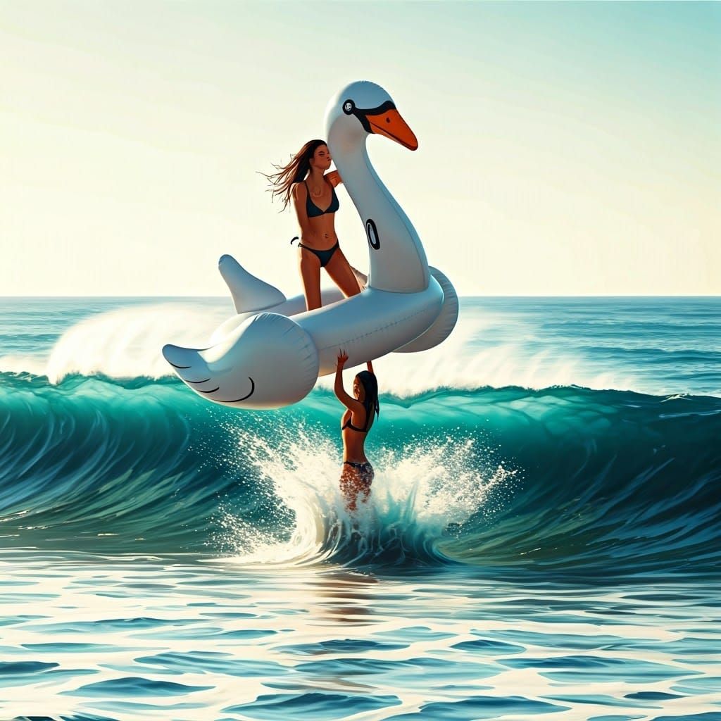 Women on Inflatable Swan in Ethereal Ocean Spray