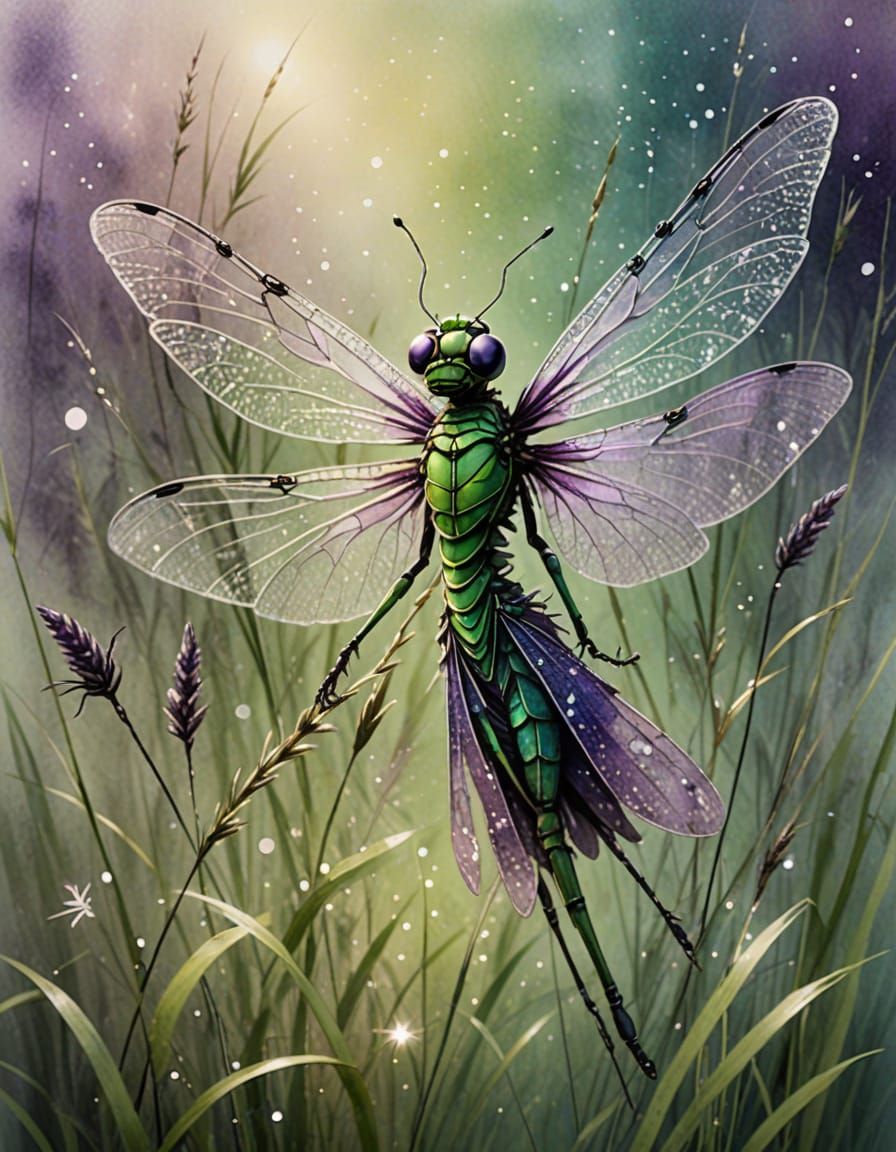Fae Creature with Dragonfly Wings in Tall Grass