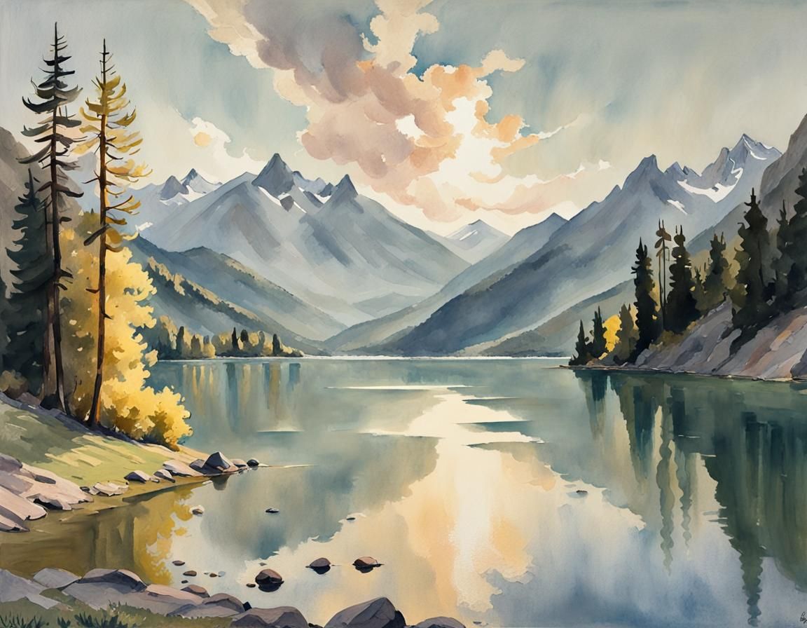 Alpine Lake Gouache Watercolor Impressionist Masterpiece