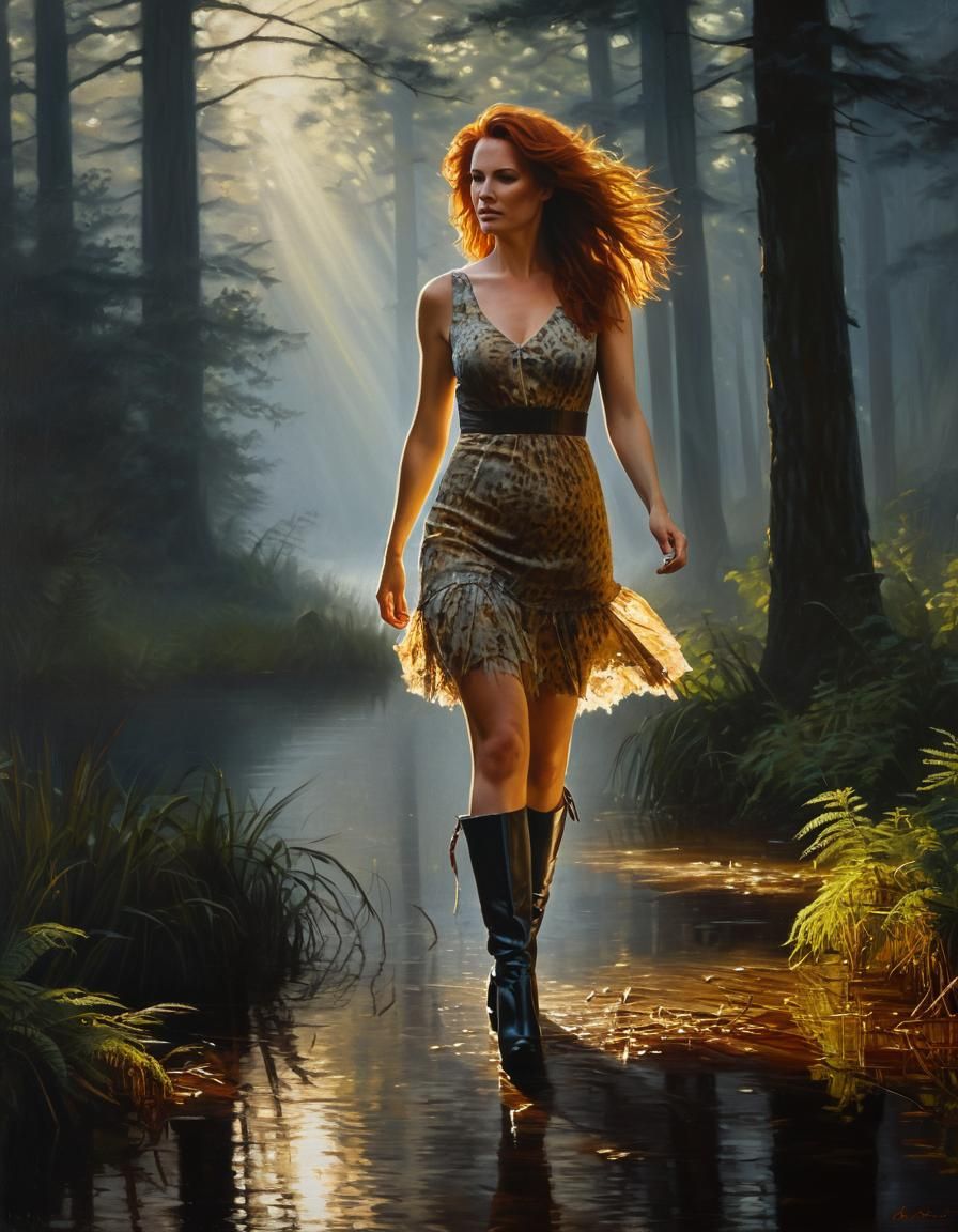 Woman in Misty Forest: Oil Painting in Chiaroscuro