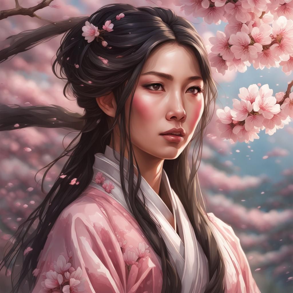 Asian Woman with Cherry Blossoms: Hyperdetailed Portrait