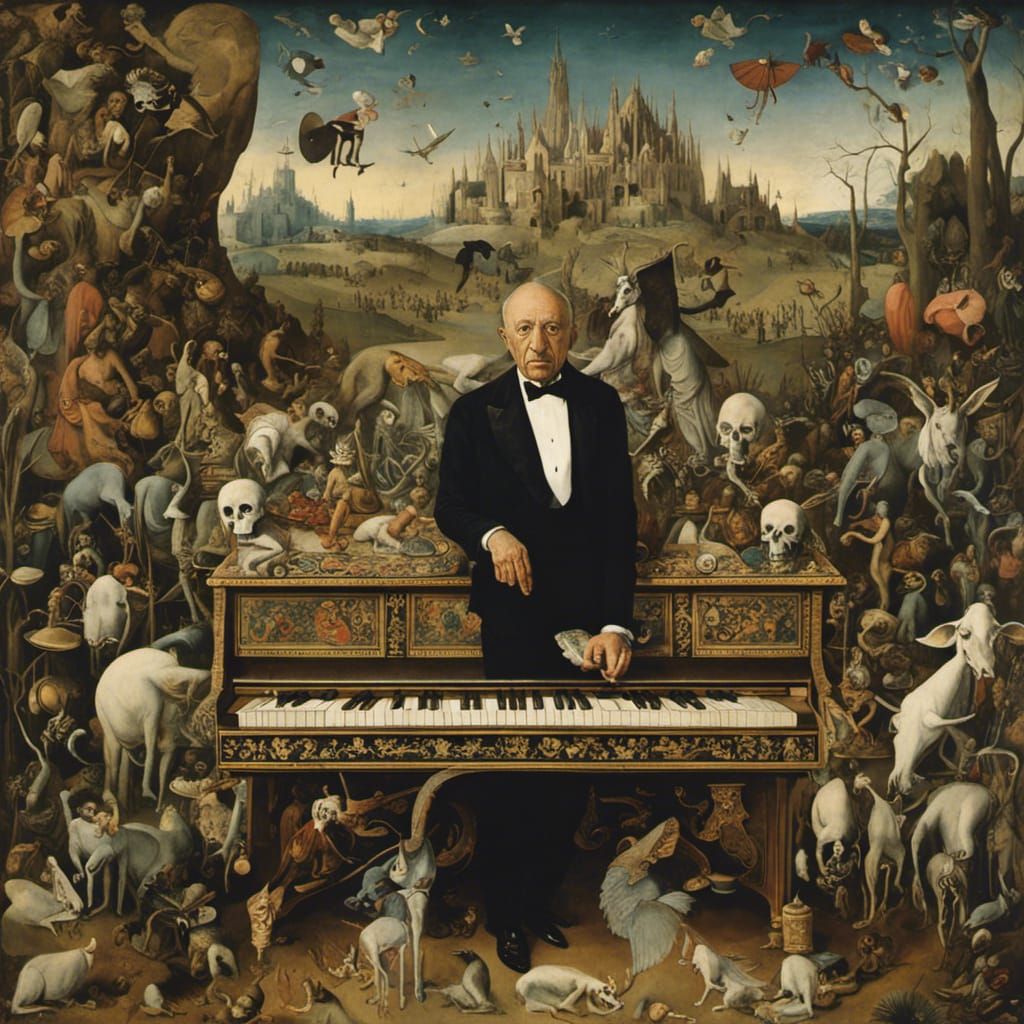 Picasso Plays Minotaur Piano in Bosch Garden