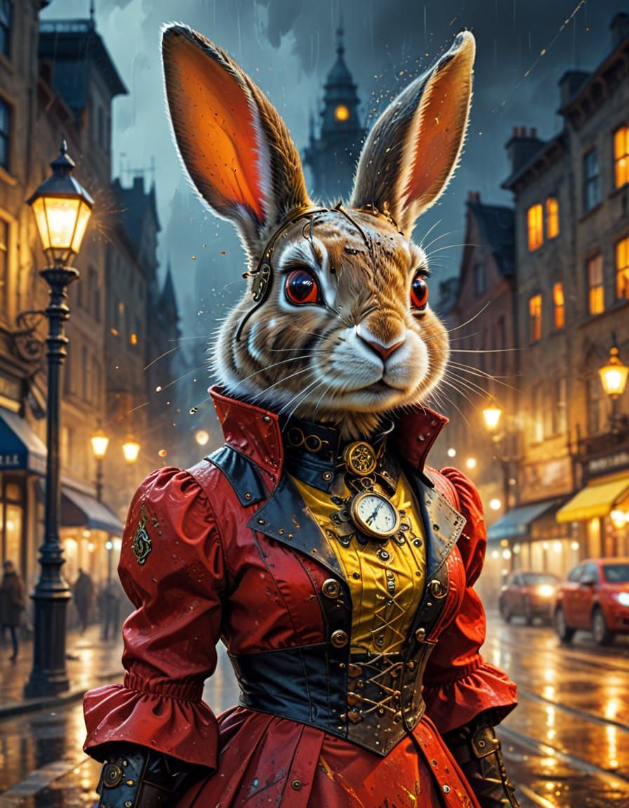 Steampunk Rabbit in Red Dress, Night City Illustration