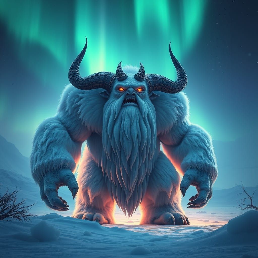 Fantastical Frost Giant in Polar Bear Furs, Standing in Froz...