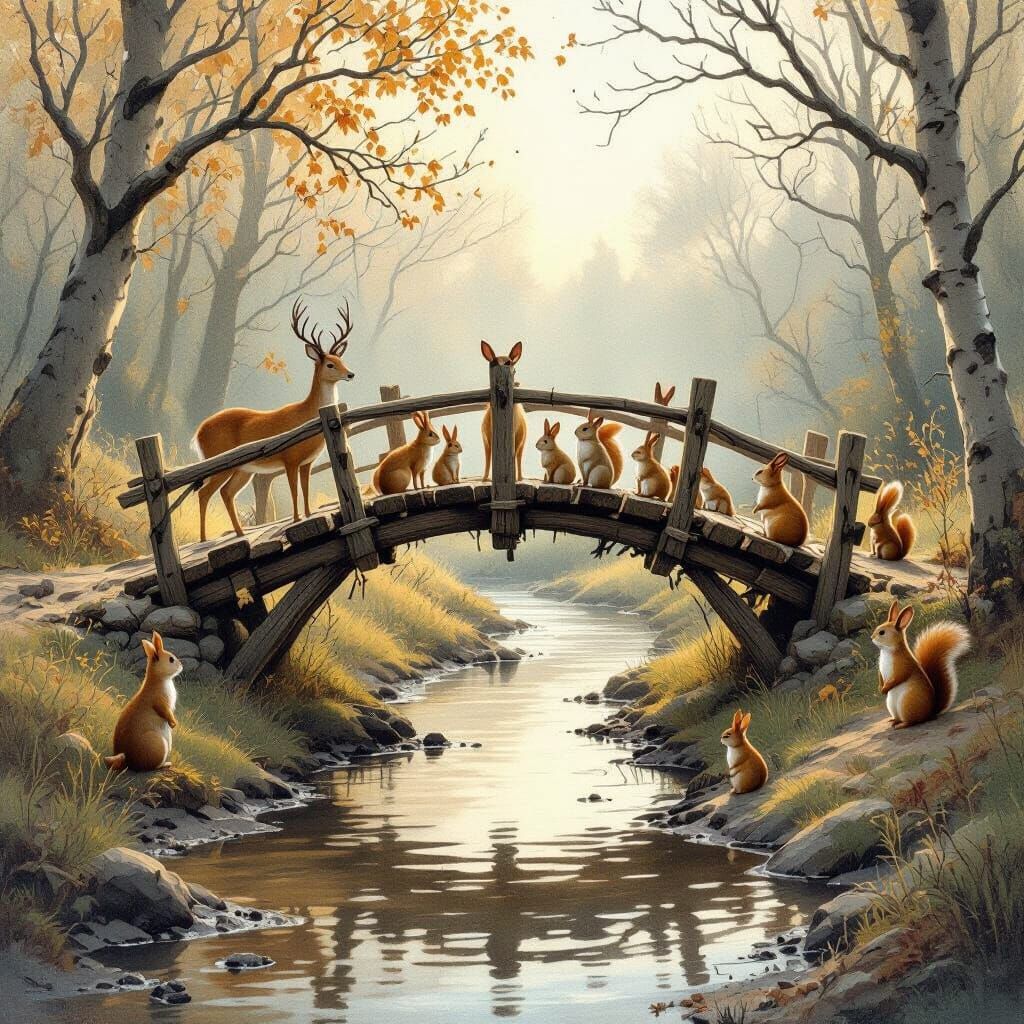 Woodland Animals Admire Rustic Twig Bridge