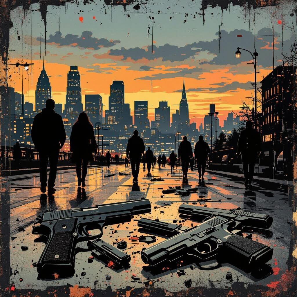 Cityscape Juxtaposed with Discarded Guns, Urban Street Art