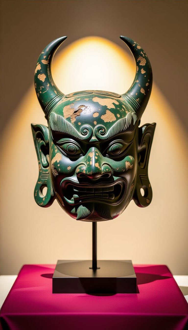 Ancient Chinese Bronze Taotie Mask Displayed in Museum