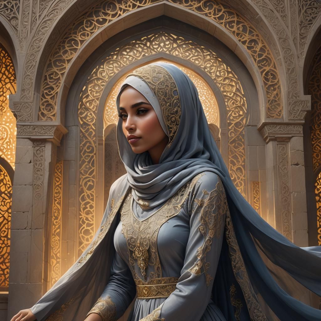 Mystical Muslim Girl Portrait with Intricate Hijab Accessori...