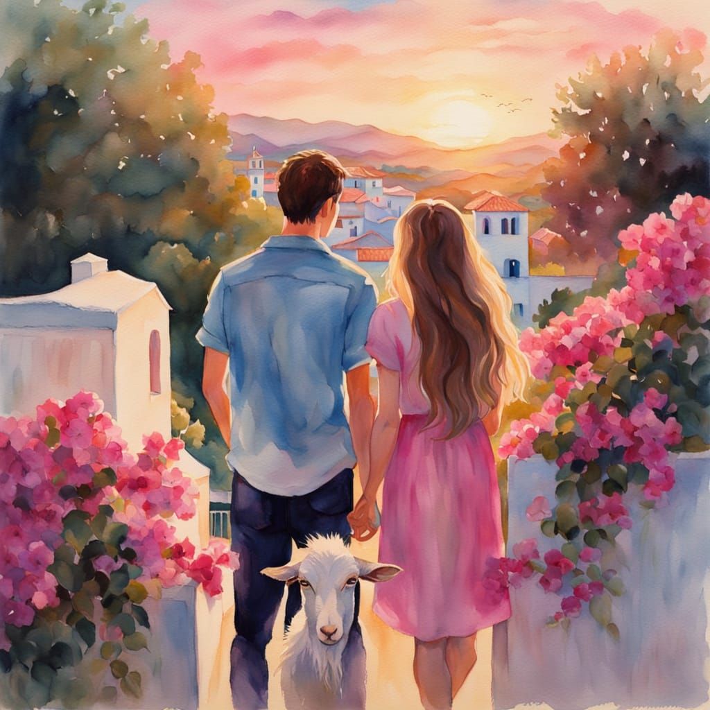 Watercolor: Couple, Goat, and Mediterranean Sunset