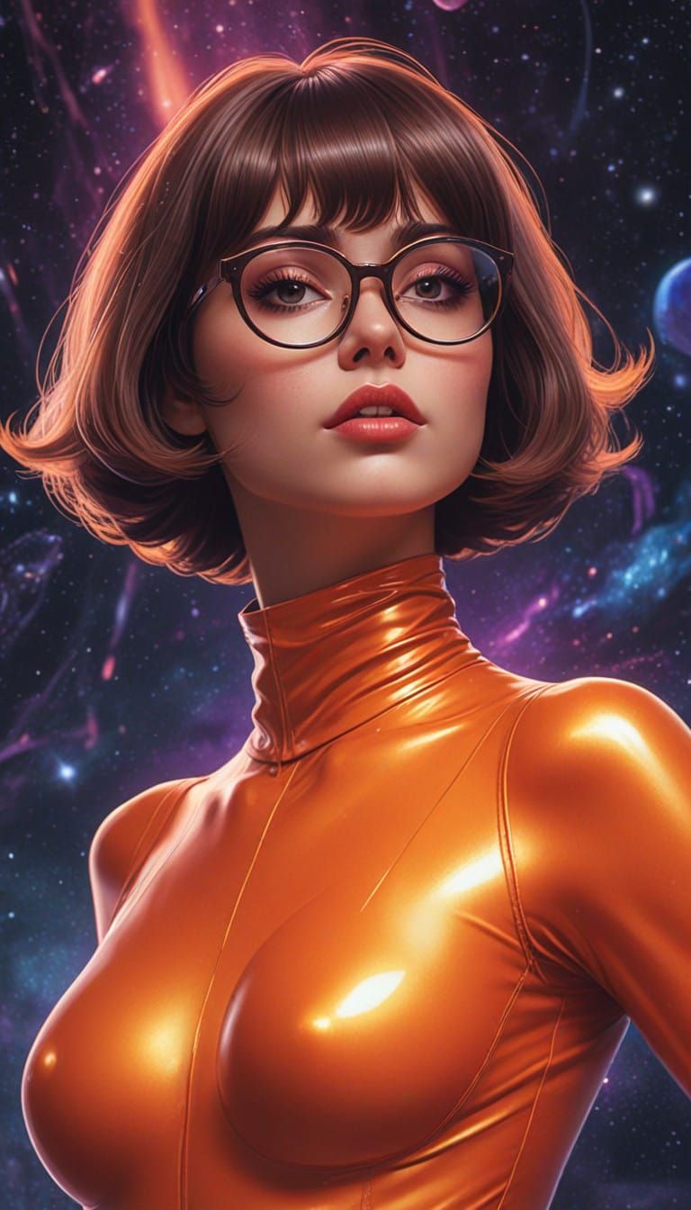 Velma in Vibrant Cosmic Latex Bodysuit