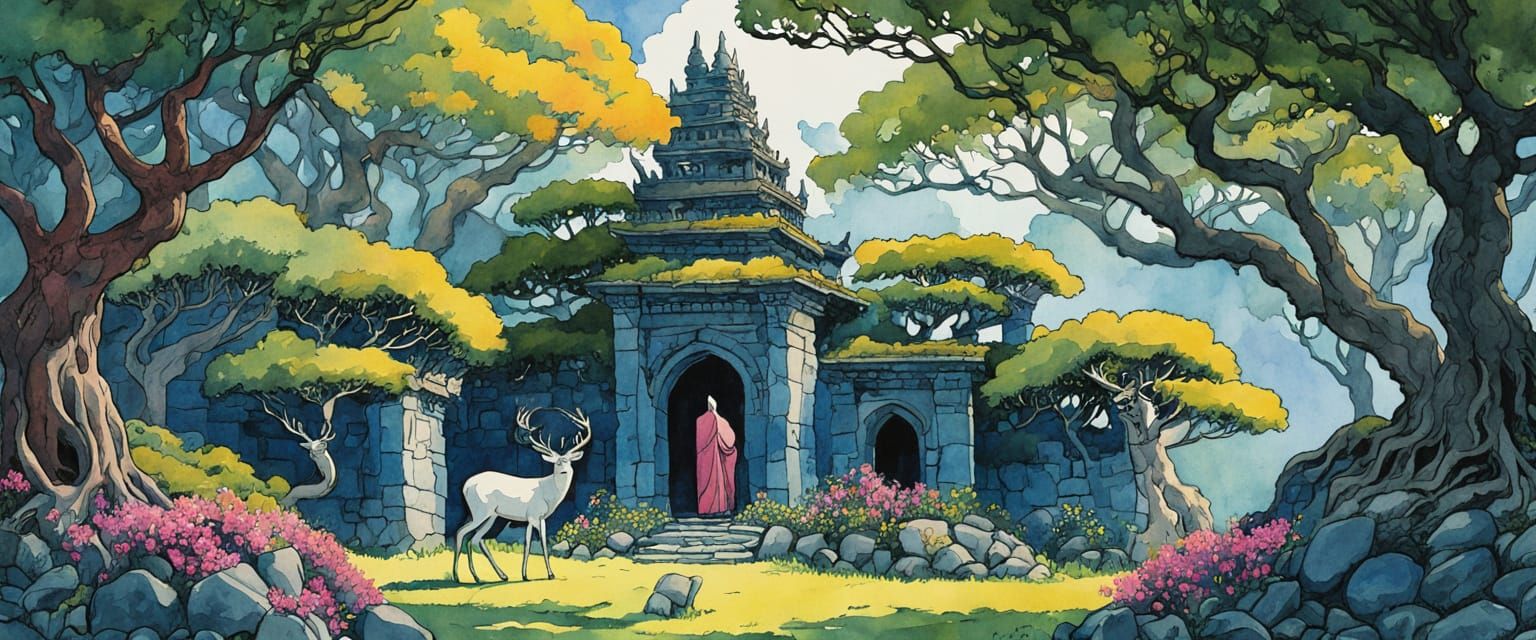 Watercolor Forest Temple with Monks and Deer