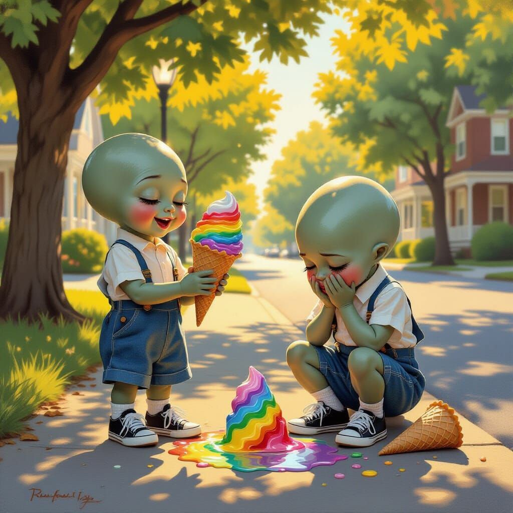Nostalgic Alien Children with Melted Ice Cream, Oil Painting