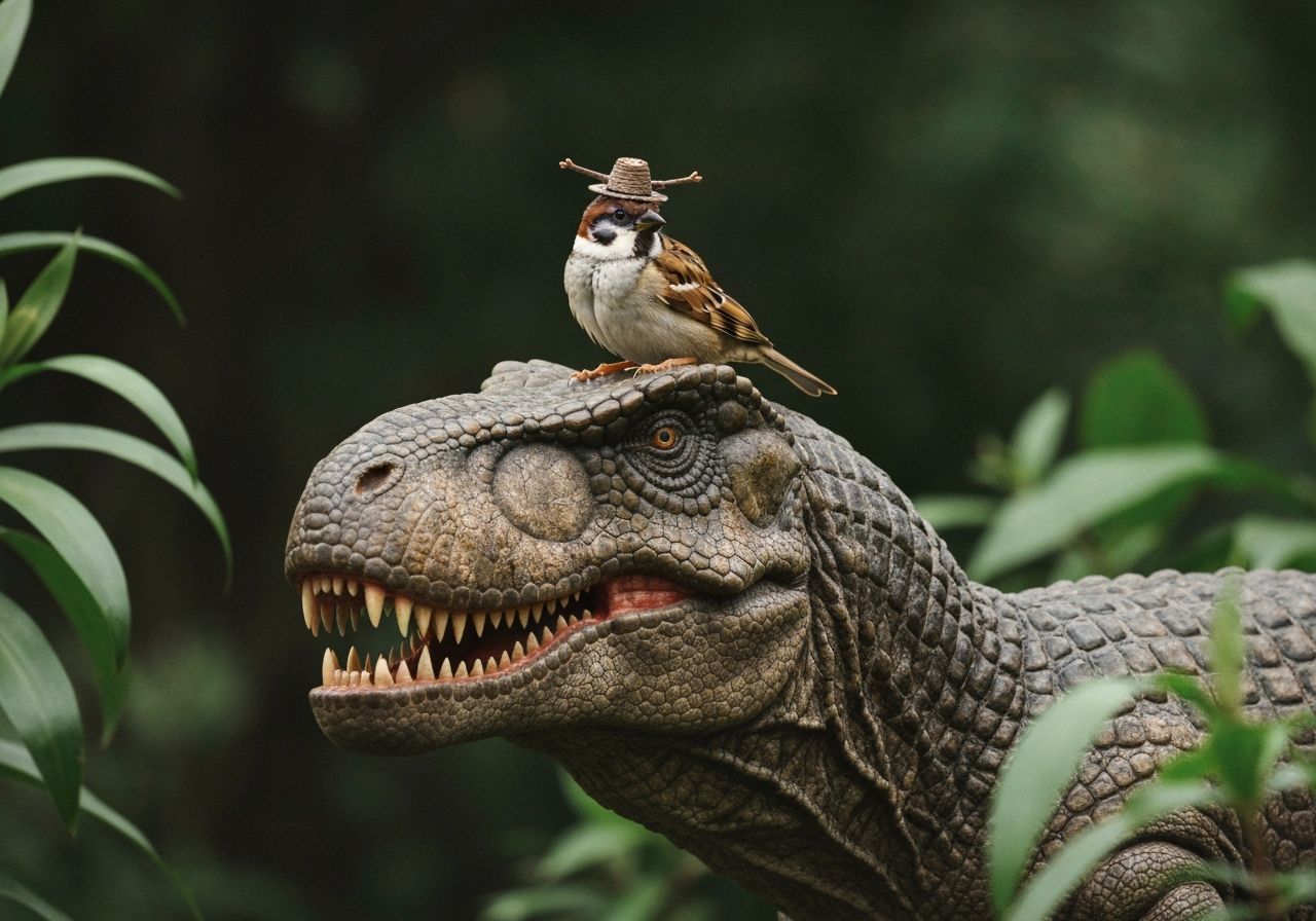 Sparrow Wears Twig Hat On T-Rex Head in Lush Greenery