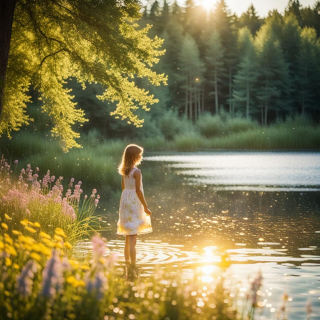 Impressionistic Summer Scene with Girl by Lake