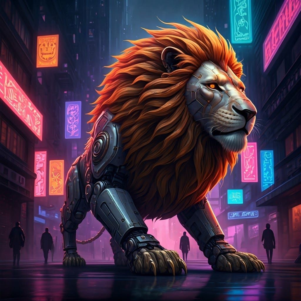 Cyberpunk Robot Lion Prowls Neon City Streets