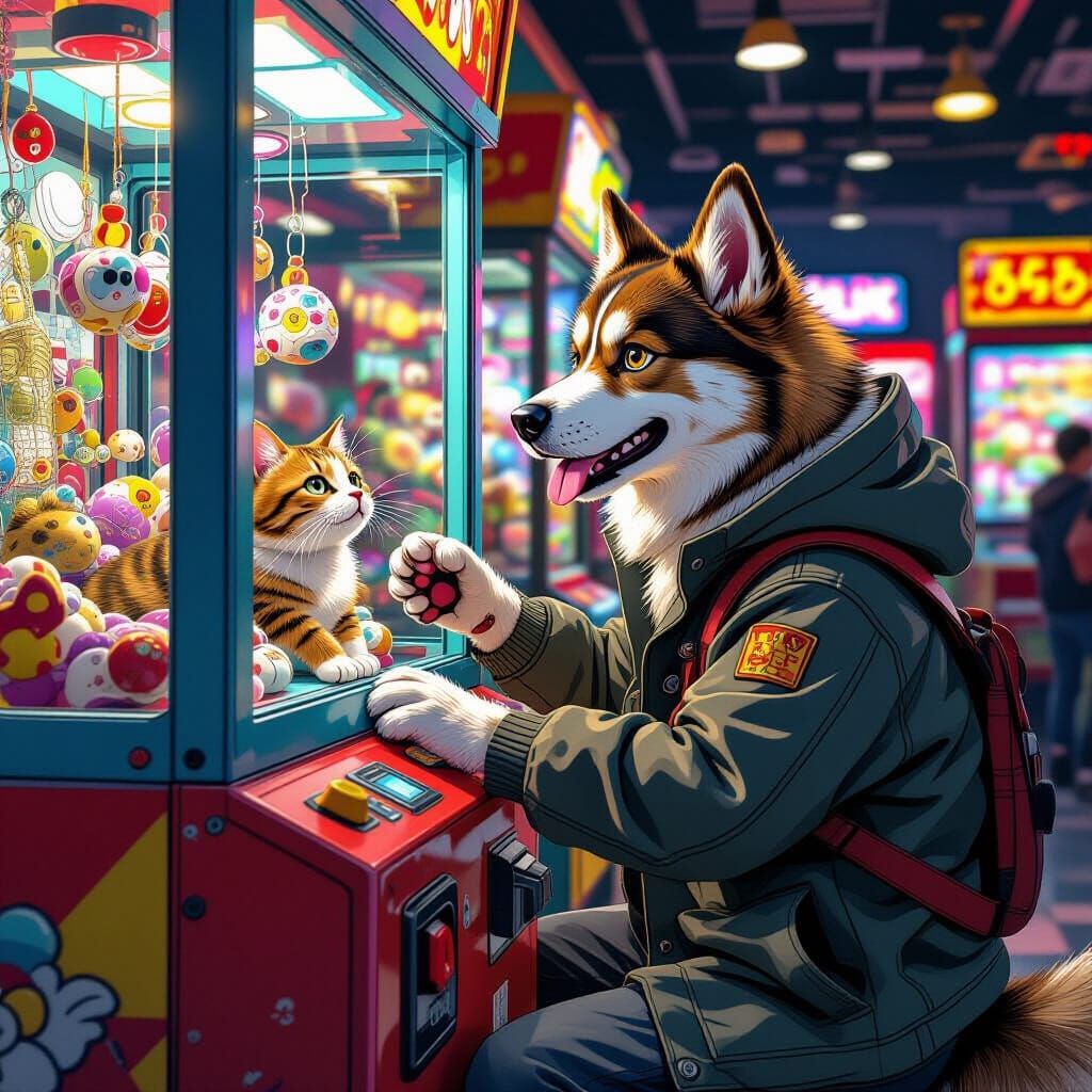 Dog Operates Claw Machine to Catch Cat in Arcade