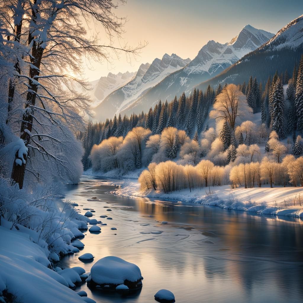Serene River Through Valley with Snow-Capped Mountains