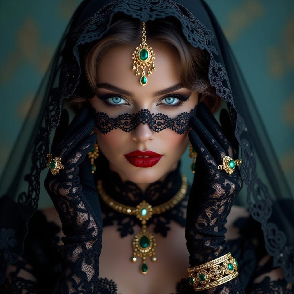 Mysterious Woman in Lace Veil, Cinematic Style