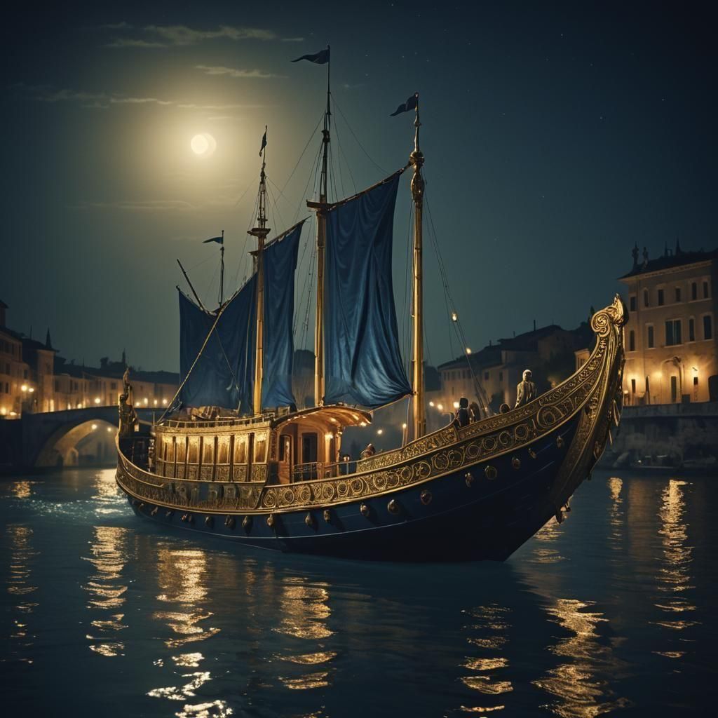 Luxurious Roman Barge with Blue Sails